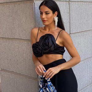 BLOGGER'S FAVE! Zara Black Satin Flower Crop Top Sz Small NWT